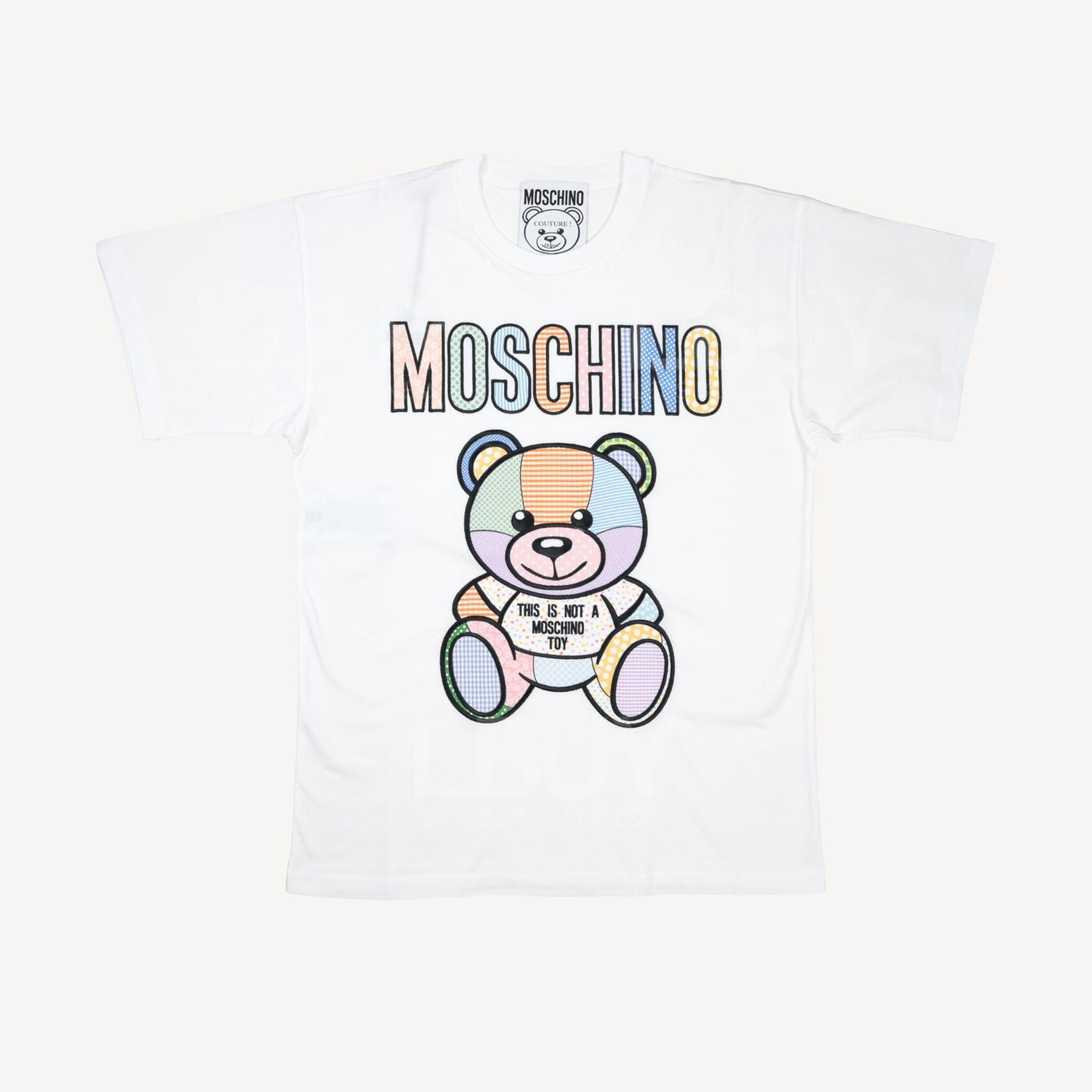 Moschino Couture Organic Cotton Patchwork Teddy Bear Logo Short Sleeve T-Shirt White