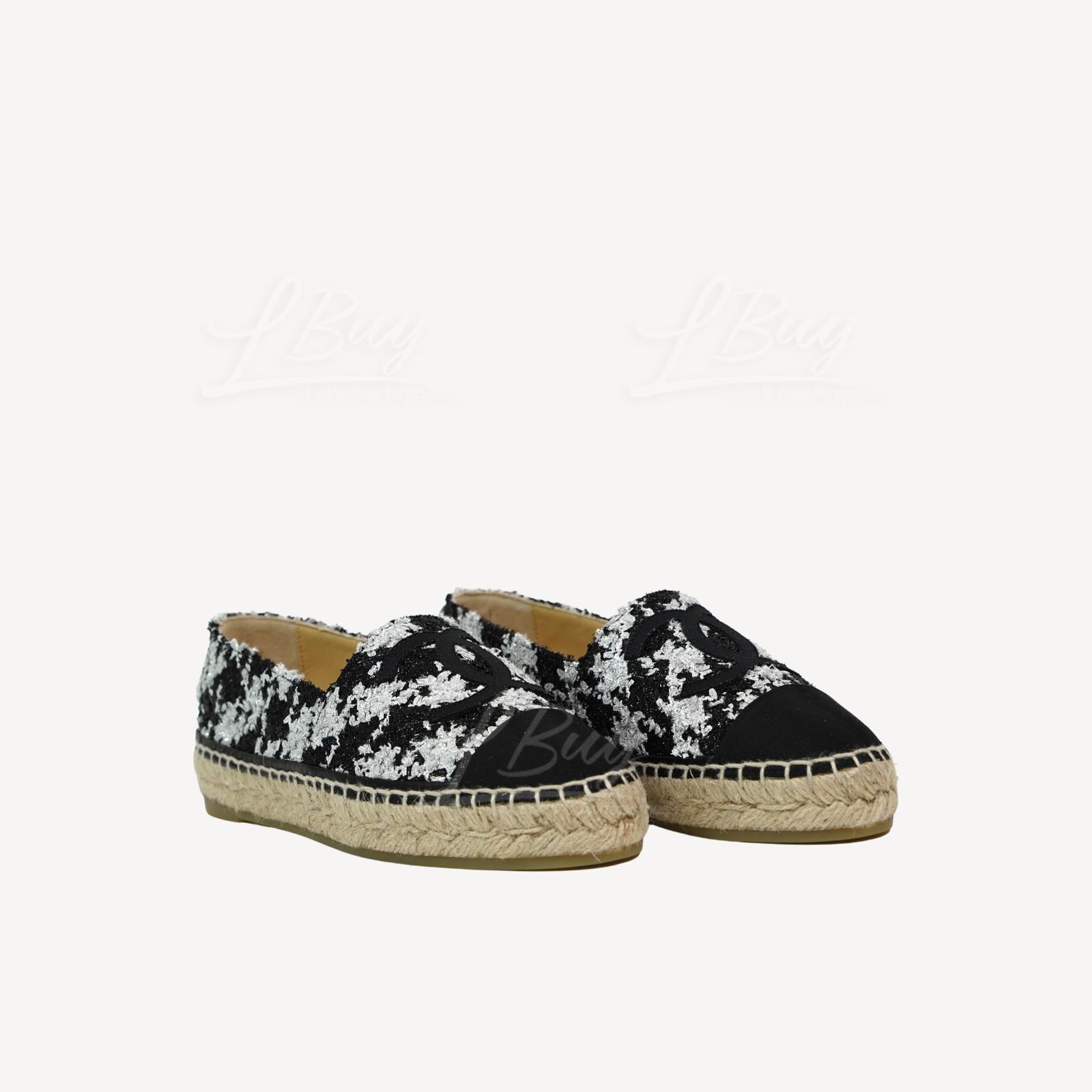 Chanel Espadrilles 黑色CC Logo黑白色千鸟纹平底草织鞋 G29762