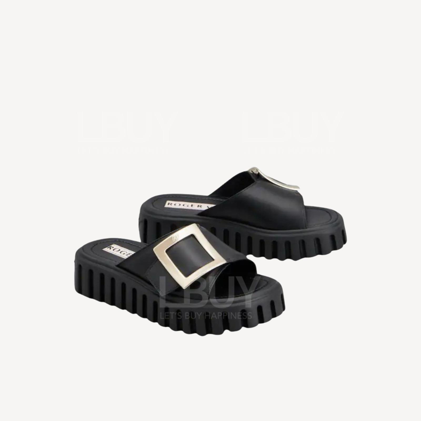 Roger Vivier viv Go-Thick 淡金方扣皮革裸跟鞋