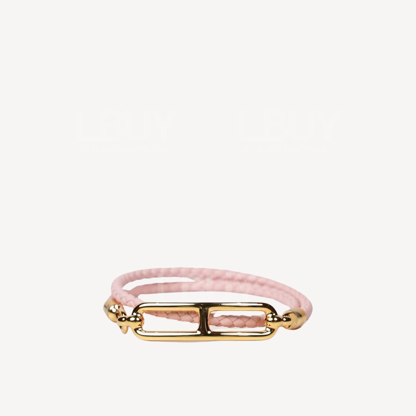 Hermes Roulis Double Tour Bracelet 皮革编织双圈猪鼻手带 樱花粉配玫瑰金扣