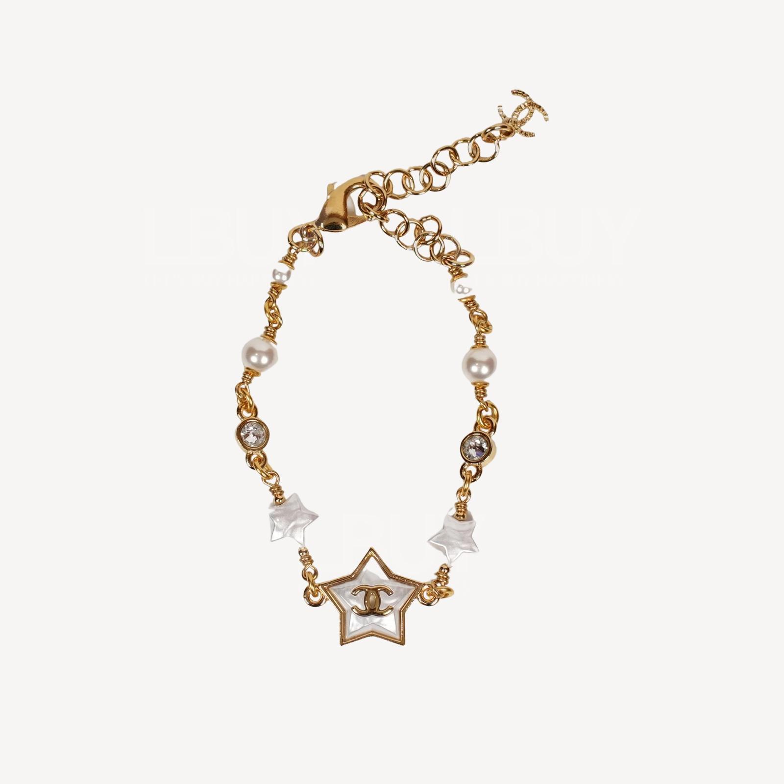 Chanel 貝母白色星星CC Logo白色珍珠手鏈 ABC418