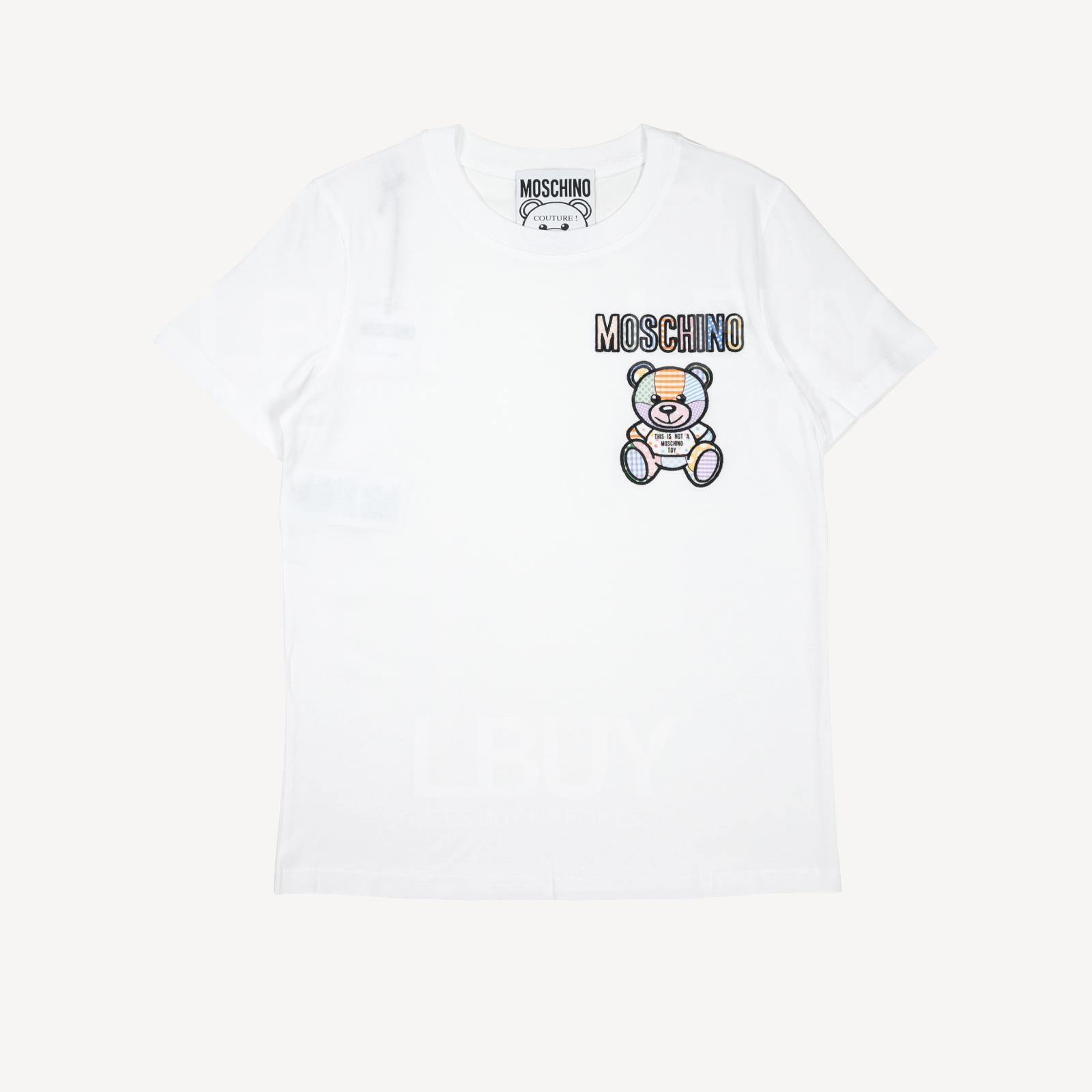 Moschino Couture Organic Cotton Badge Patchwork Teddy Bear Logo Short Sleeve T-Shirt White
