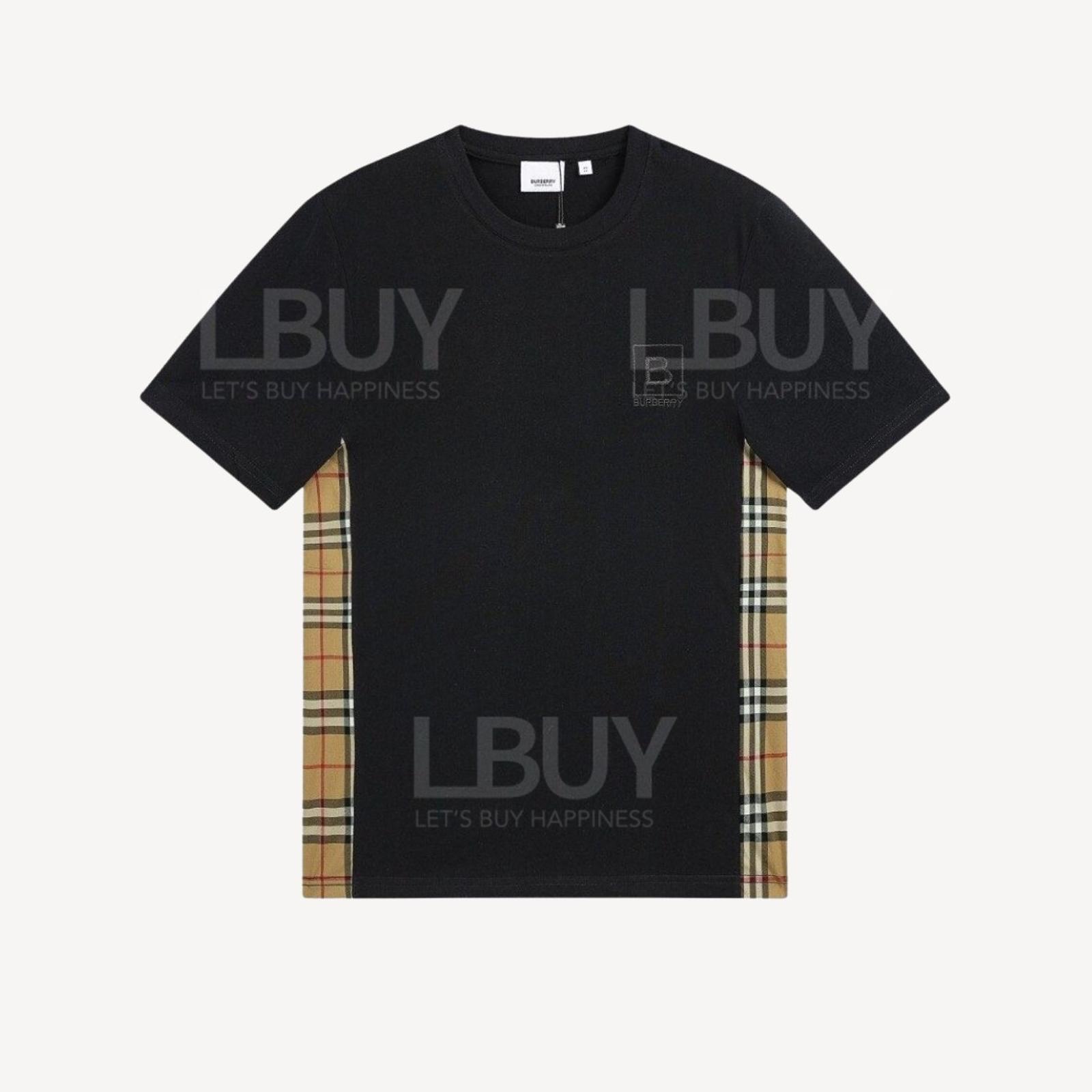 BURBERRY 黑色B字方標圓領併接格紋短袖T恤