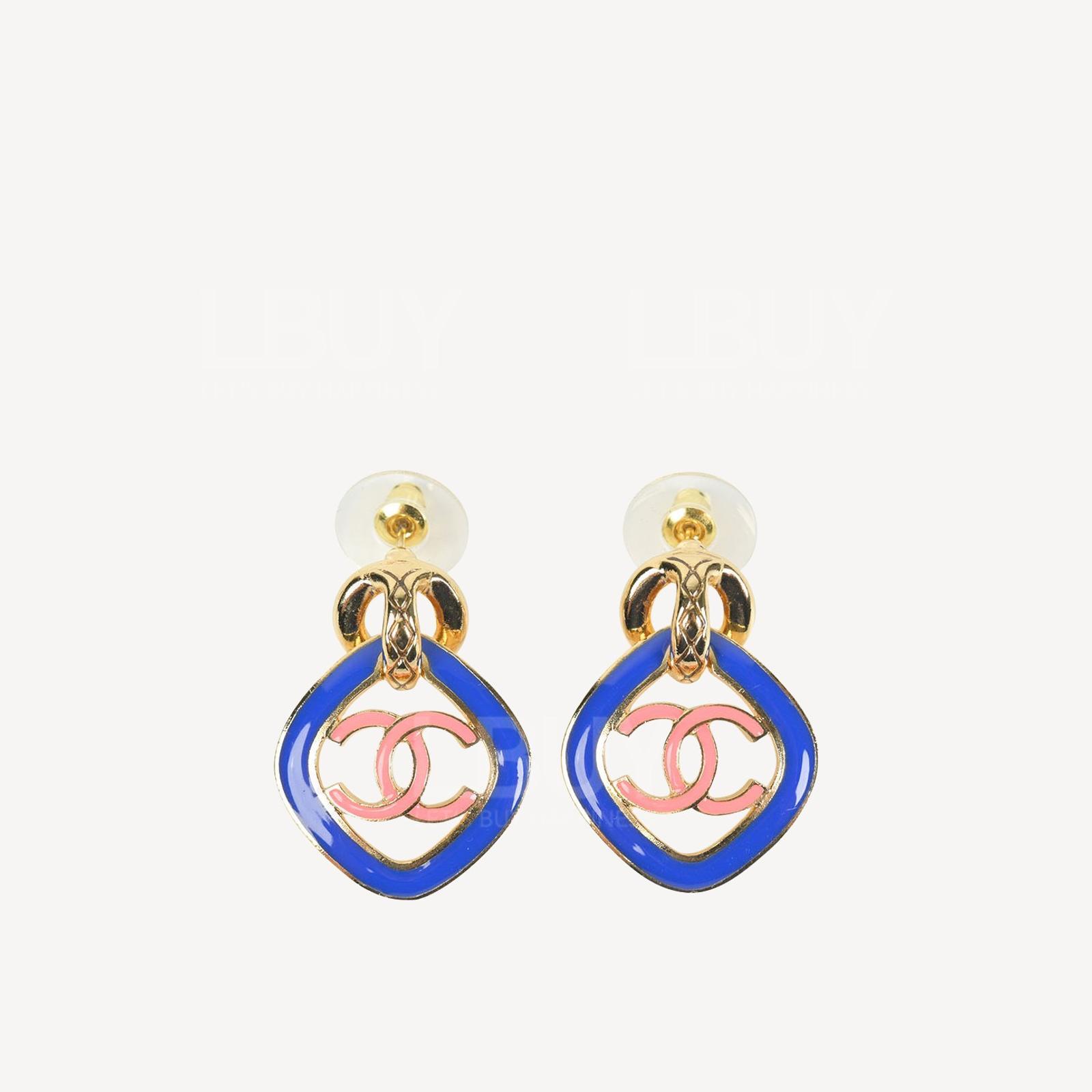 Chanel 蓝色拼粉红Logo菱形耳环 AB8370