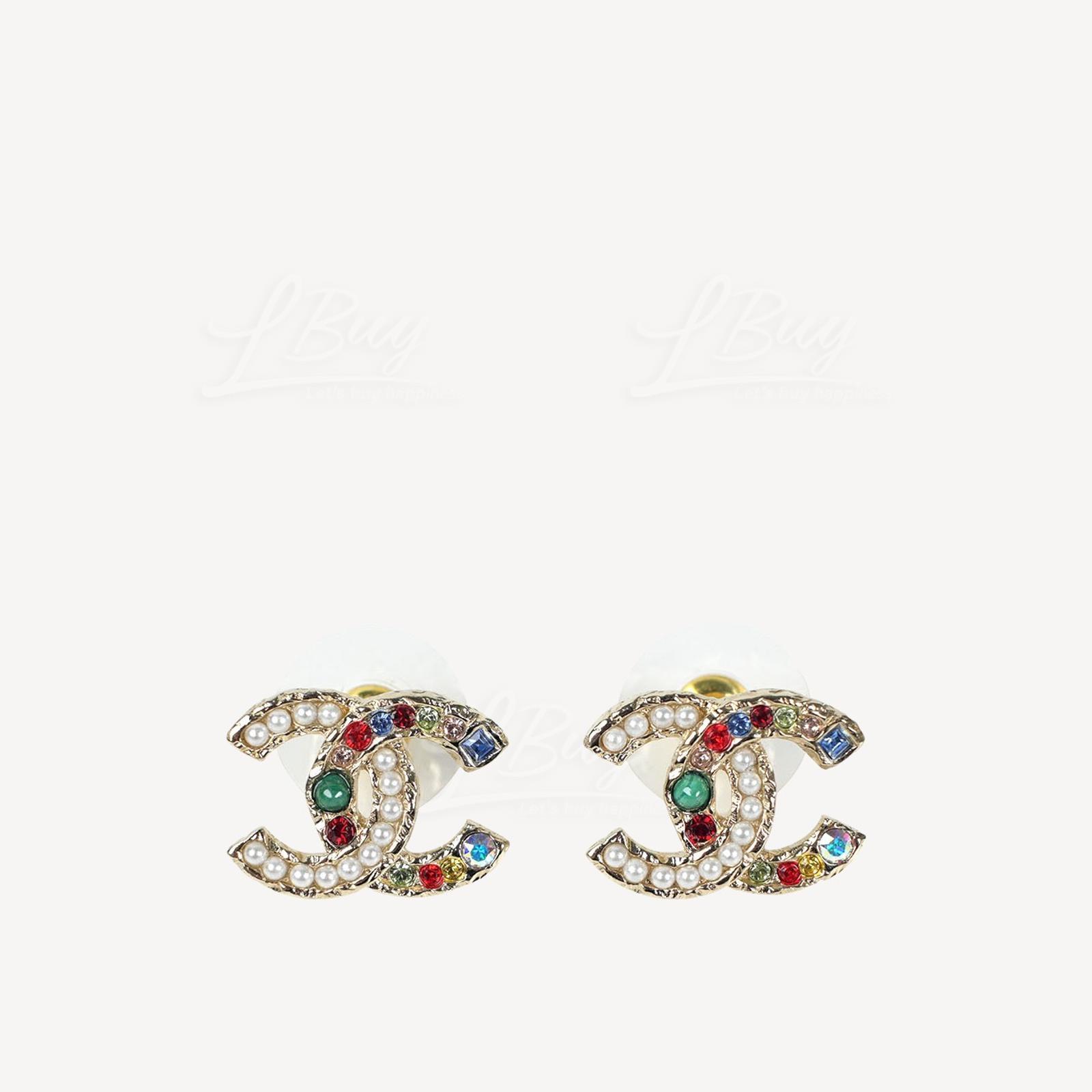 Chanel Gold CC Logo Colorful Rhinestone Pearl Earrings AB8257