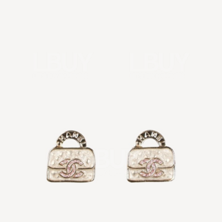 Chanel Pink Crystal CC Logo Pearly White Handbag Shape Gold Earrings ABD344