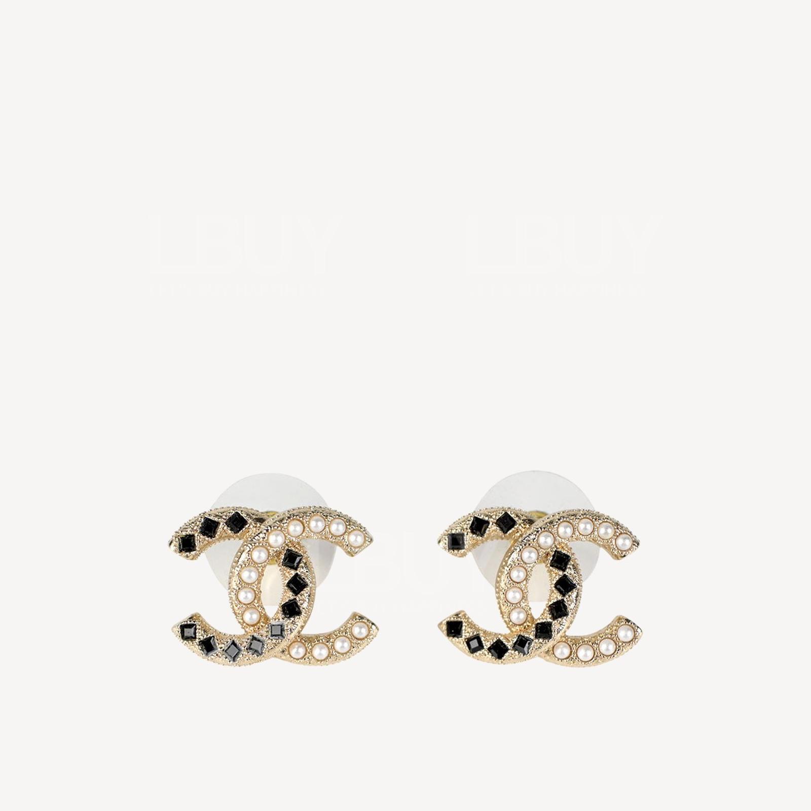 Chanel Black Rhinestone Pearl Gold CC Logo Earrings AB6674