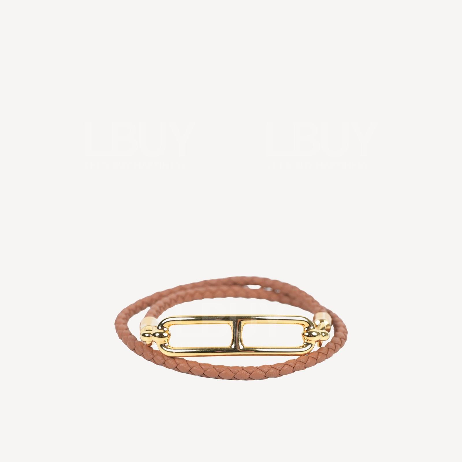 Hermes Roulis Double Tour Bracelet 皮革編織雙圈豬鼻手帶 金色配金扣