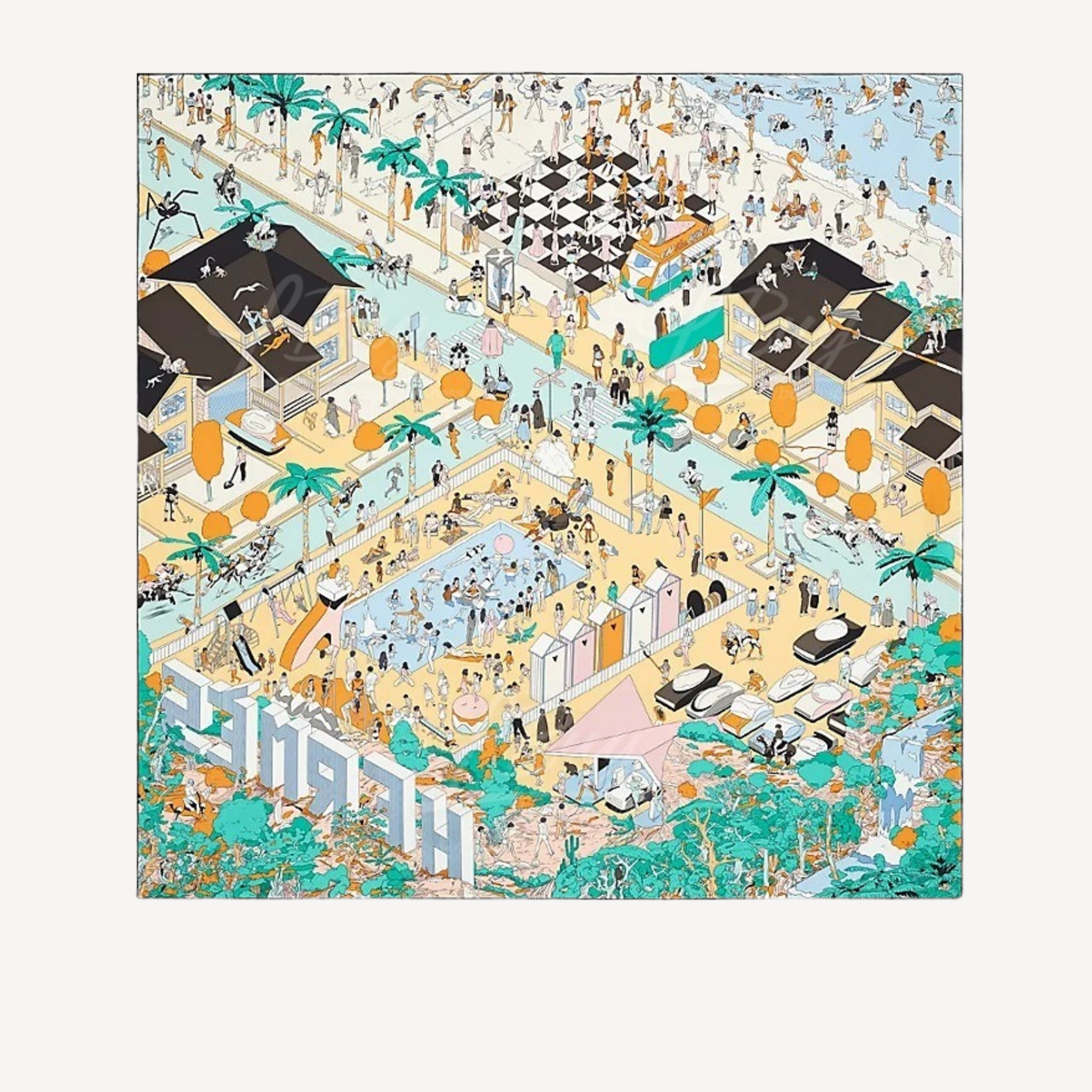 Hermes On The Beach Scarf 90 丝巾 沙滩图桉 奶油色 薄荷绿 乌木色