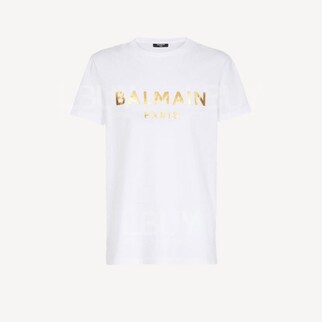 BALMAIN 男裝白色併金色字logoTee
