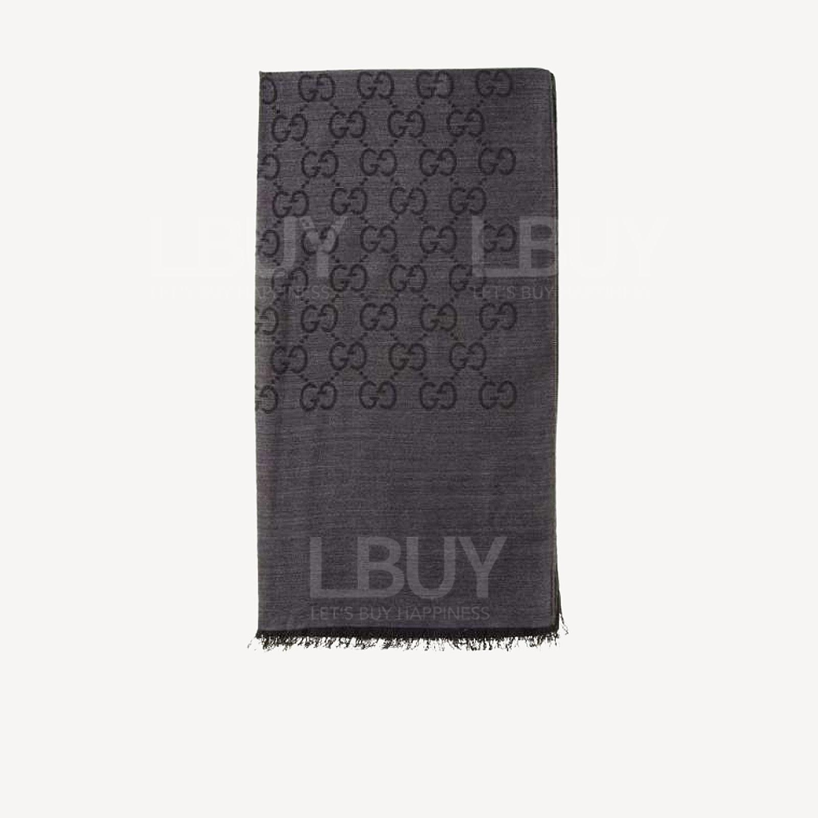 Gucci GG Logo Wool Silk Scarf Pearl Charcoal Grey 165904