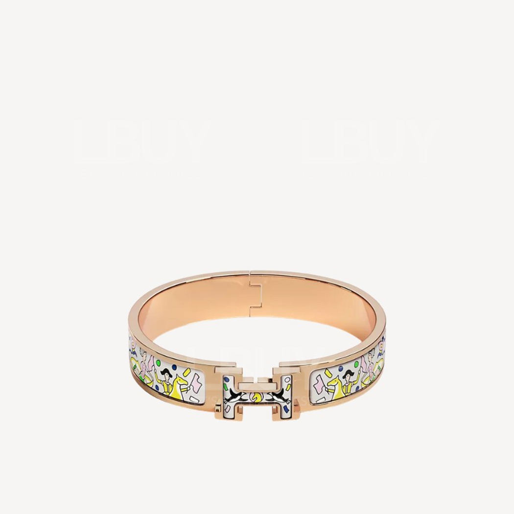 Hermes Clic H l'Epopee d'Hermès Bracelet 手镯 手鈪 灰色 骑马 印花珐琅配玫瑰金色