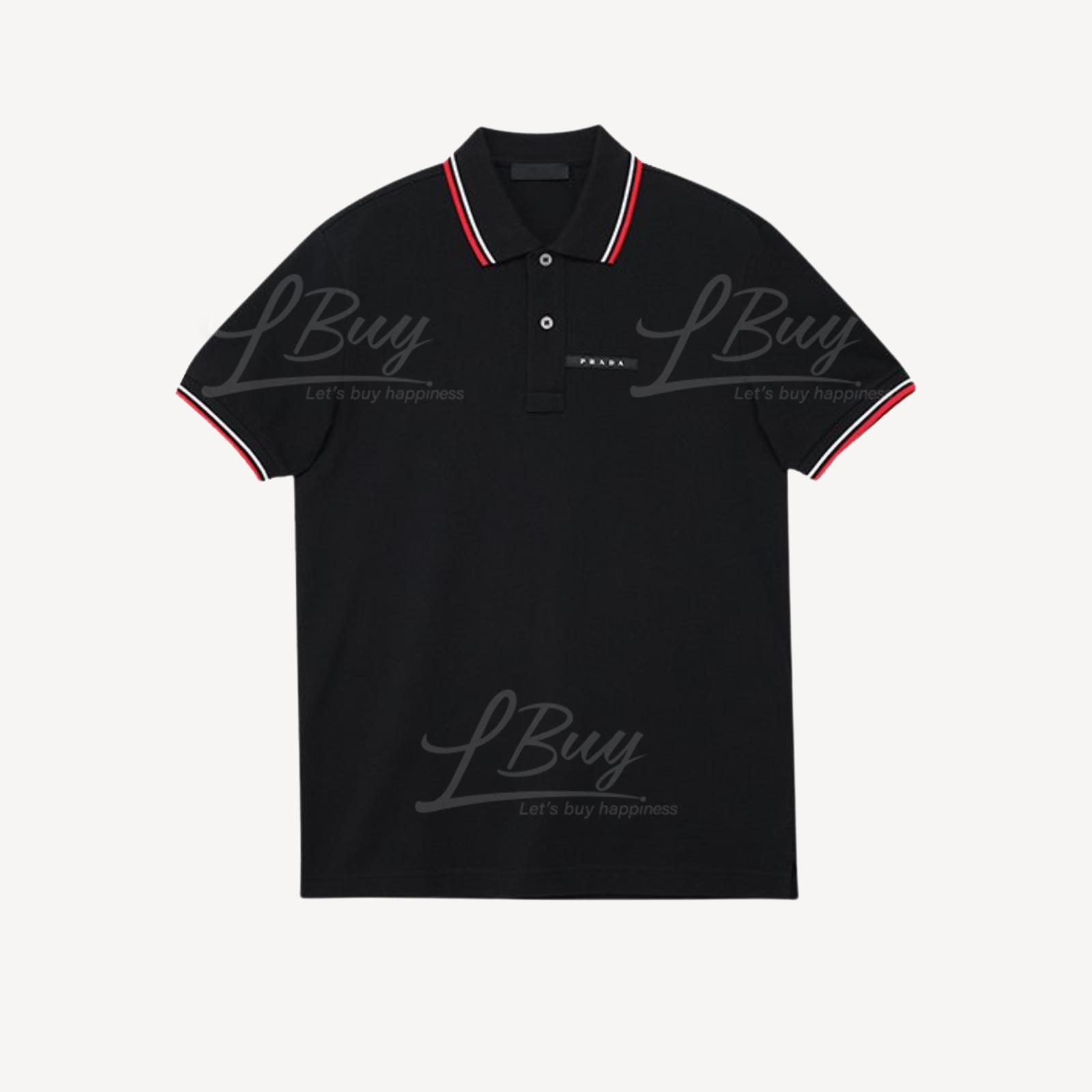 Prada Logo Cotton Short Sleeve Polo Shirt Black SJN256