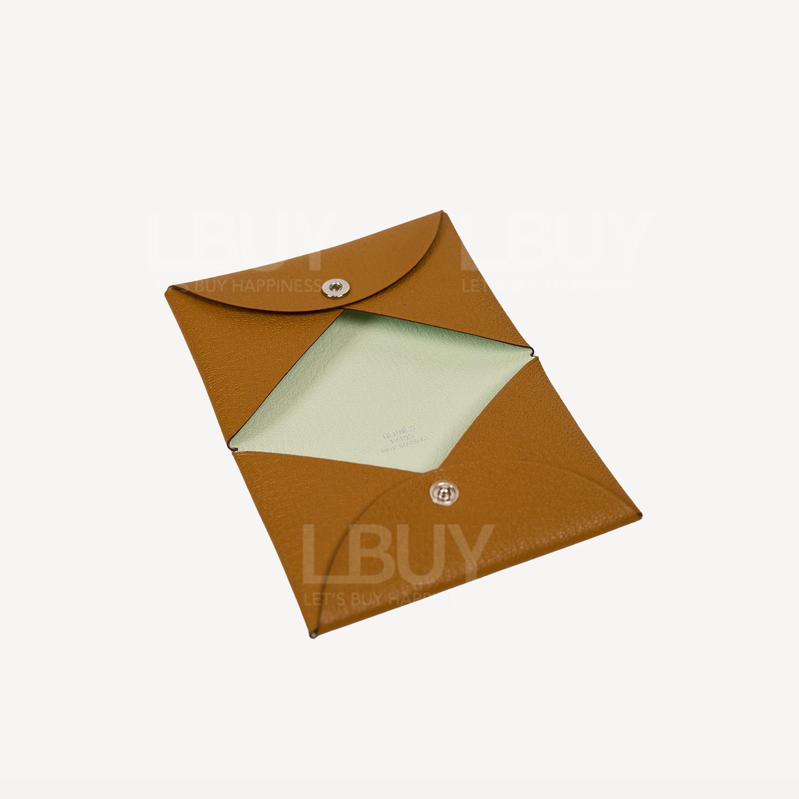 Hermes Calvi Verso Card Holder 雙色卡片套 焦糖色配氣泡綠 山羊皮