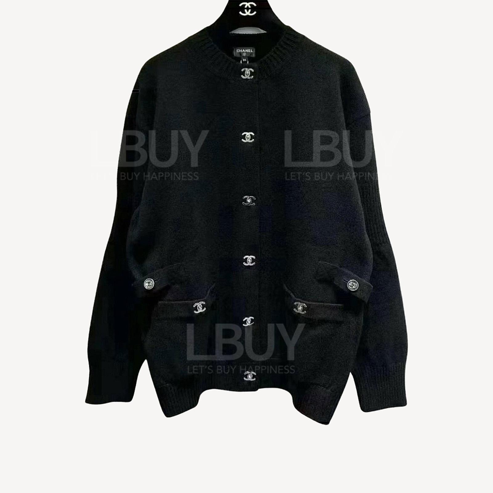 Chanel CC logo钮扣黑色针织羊毛开襟冷衫外套 P77868