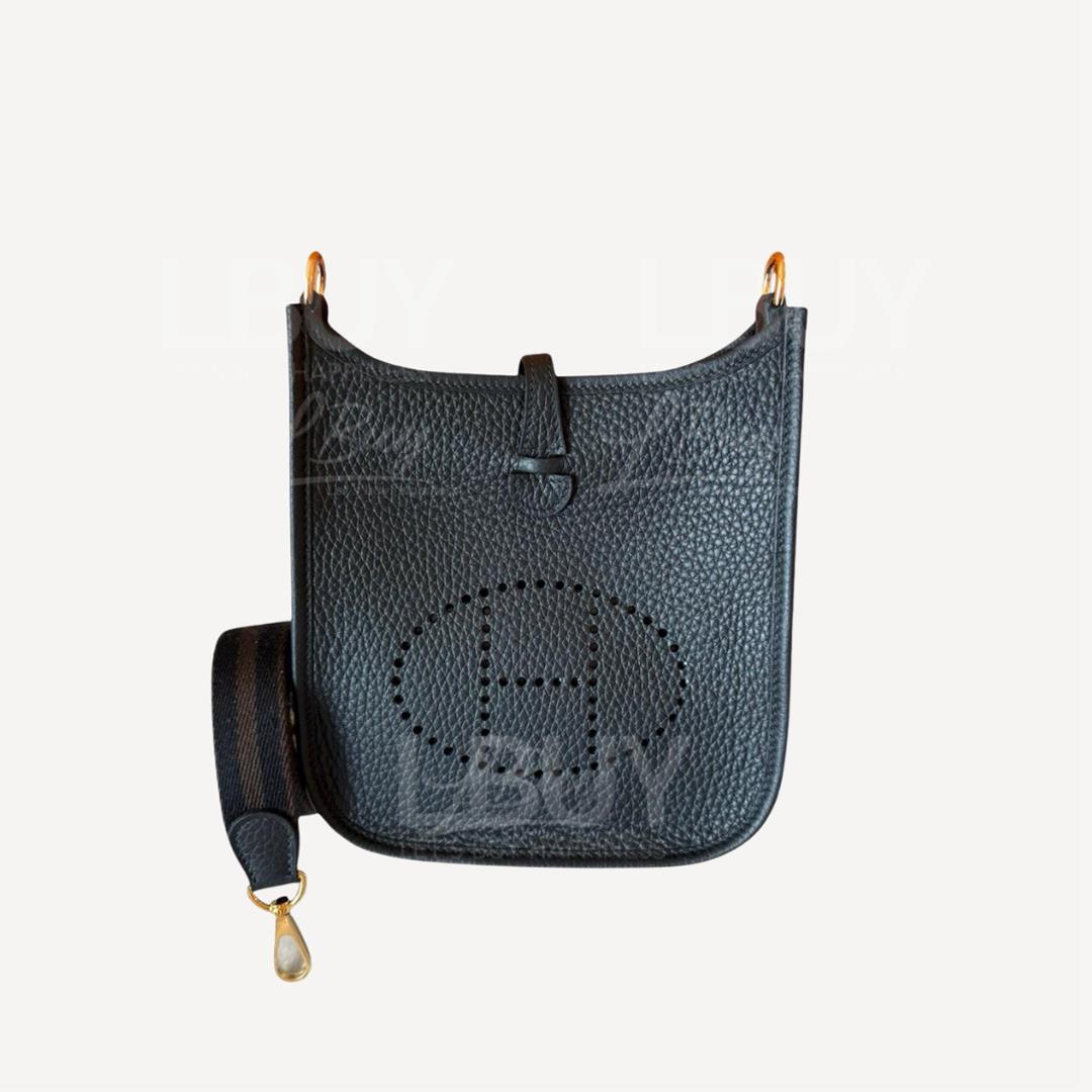 Hermes Mini Evelyne 16 Amazone Bag Black Gold with Brown Braided Strap