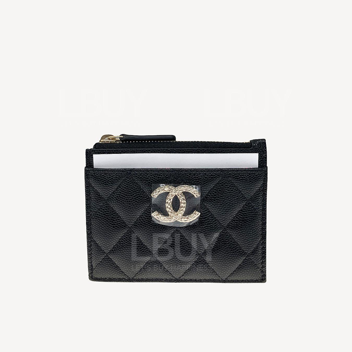 Chanel 黑色菱格纹粒纹牛皮拉炼卡包 AP4249