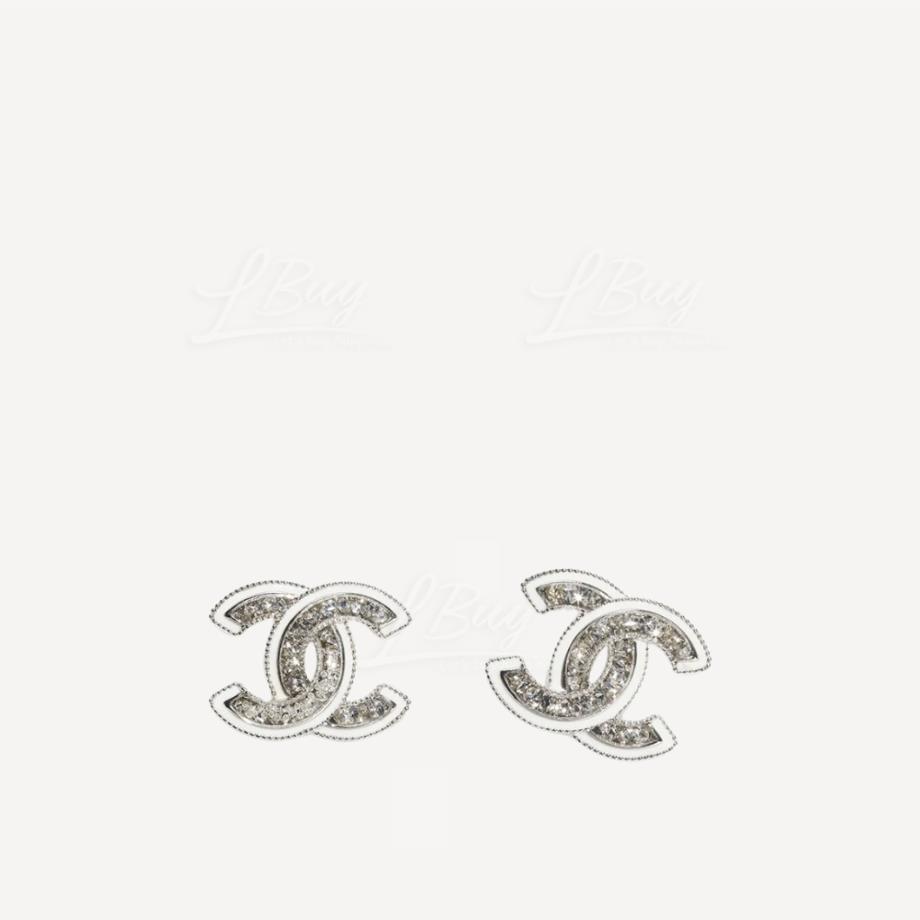 Chanel CC logo 白邊水鑽耳環 ABE868