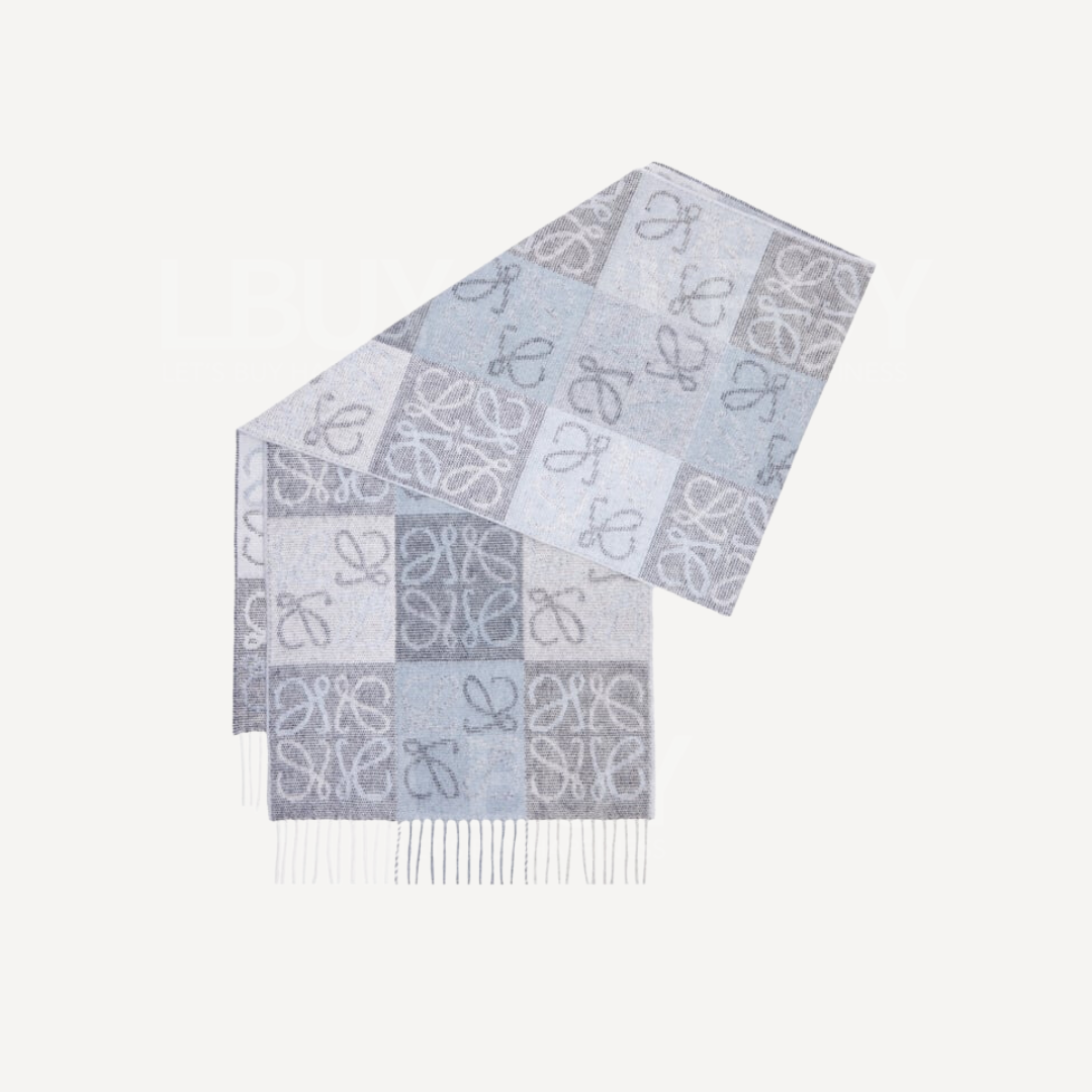 Loewe Anagram 緹花織雙面格子圖案羊毛羊絨圍巾 Blue