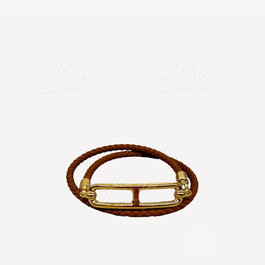 Hermes Roulis Double Tour Bracelet 皮革编织双圈猪鼻手带 金色金扣 