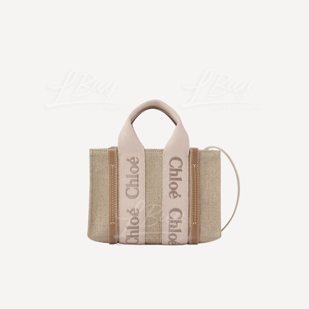 Chloe Mini Woody tote bag in linen 粉色拼棕色 迷你手挽袋