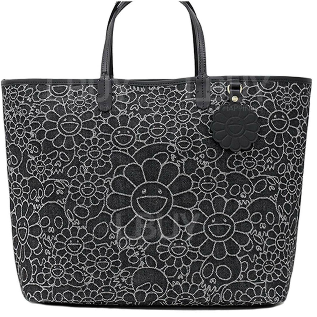 村上隆 Flowers & Skulls Jacquard Denim Leather Large Tote bag