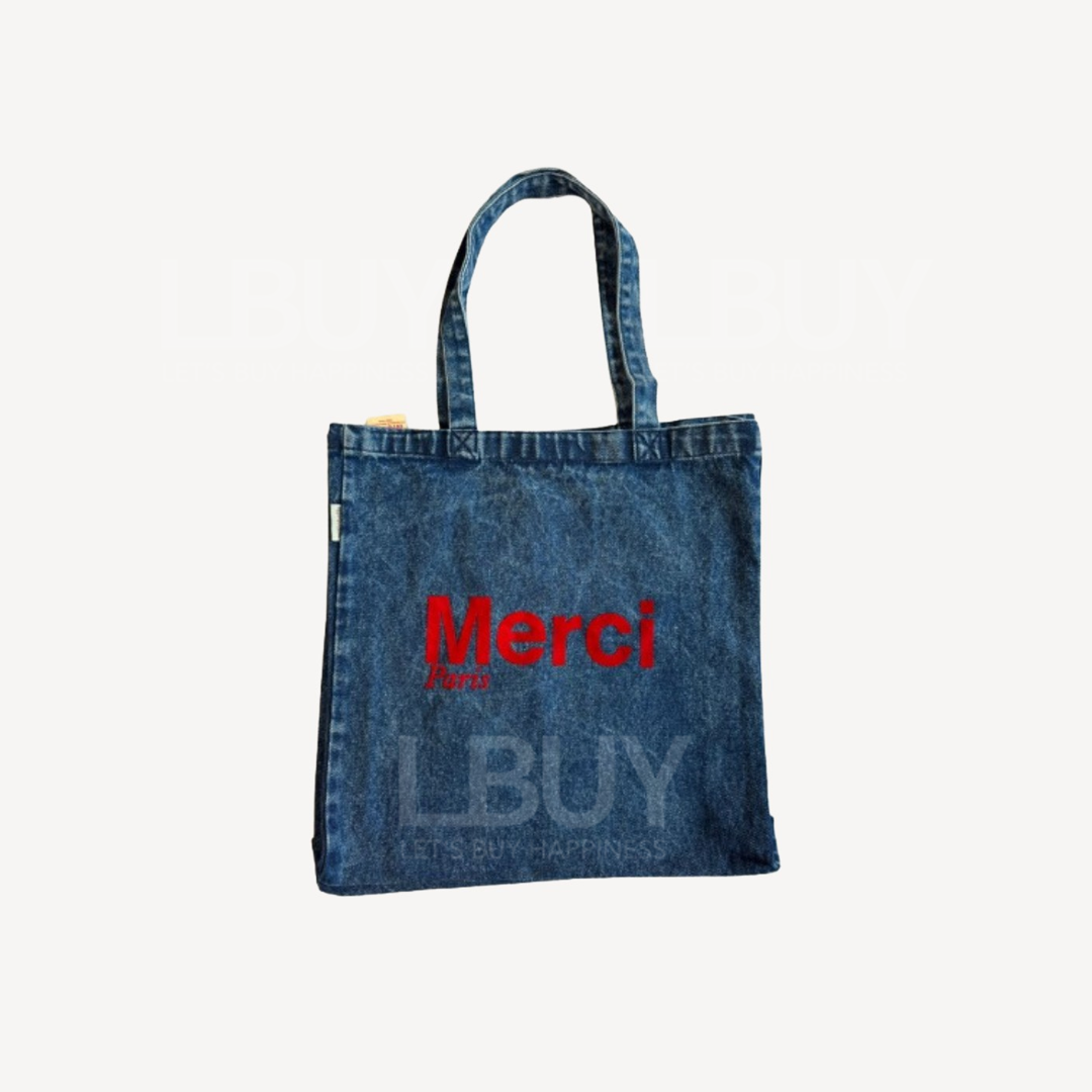 Merci Paris Red Logo Patchwork Denim Large Tote Bag