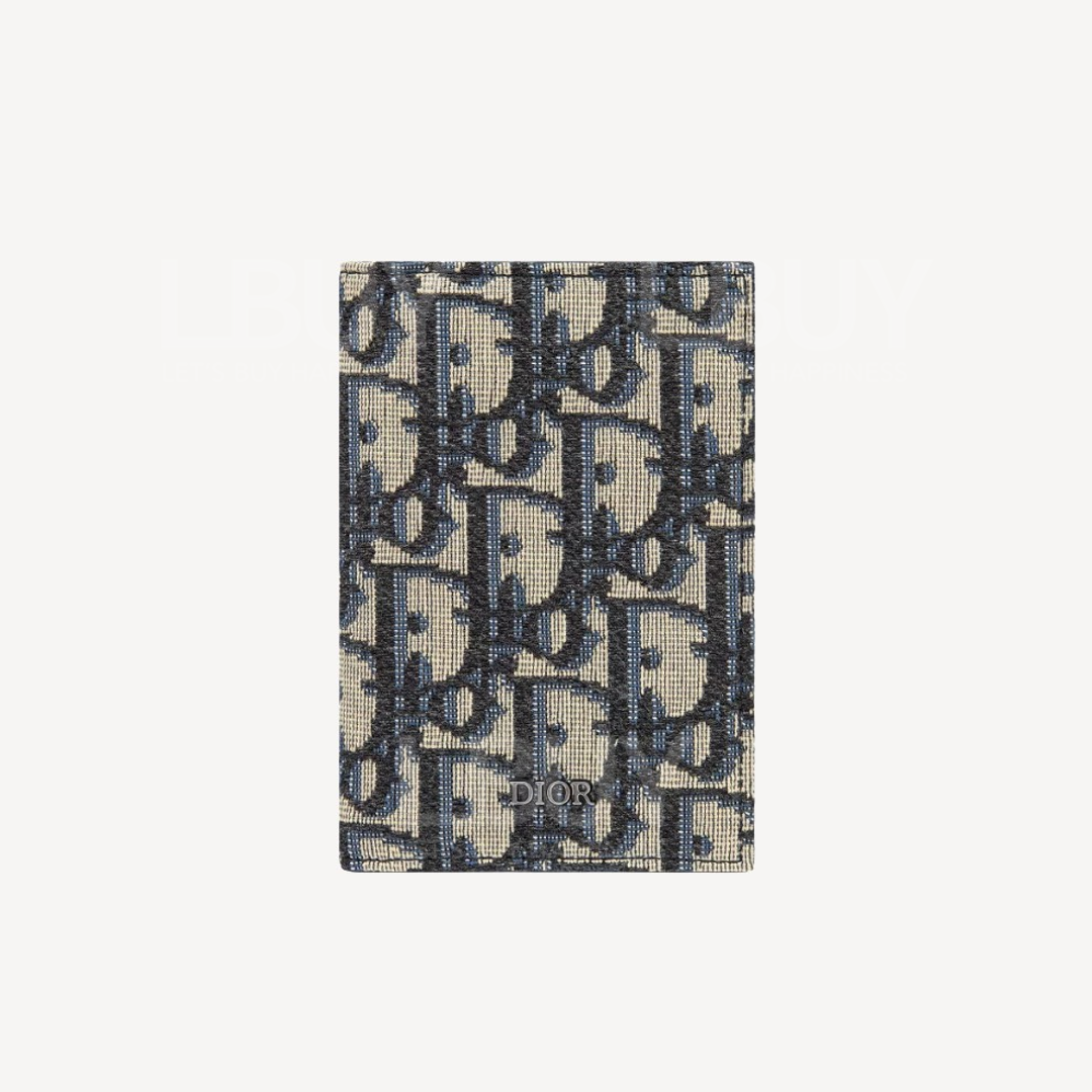 Dior 直式两摺型卡片套 米色和黑色 Dior Oblique 图案缇花