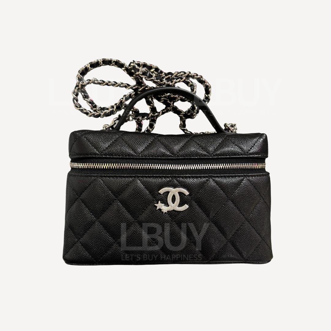 Chanel 银色水钻星星CC Logo 黑色炼带化妆袋 AP4854