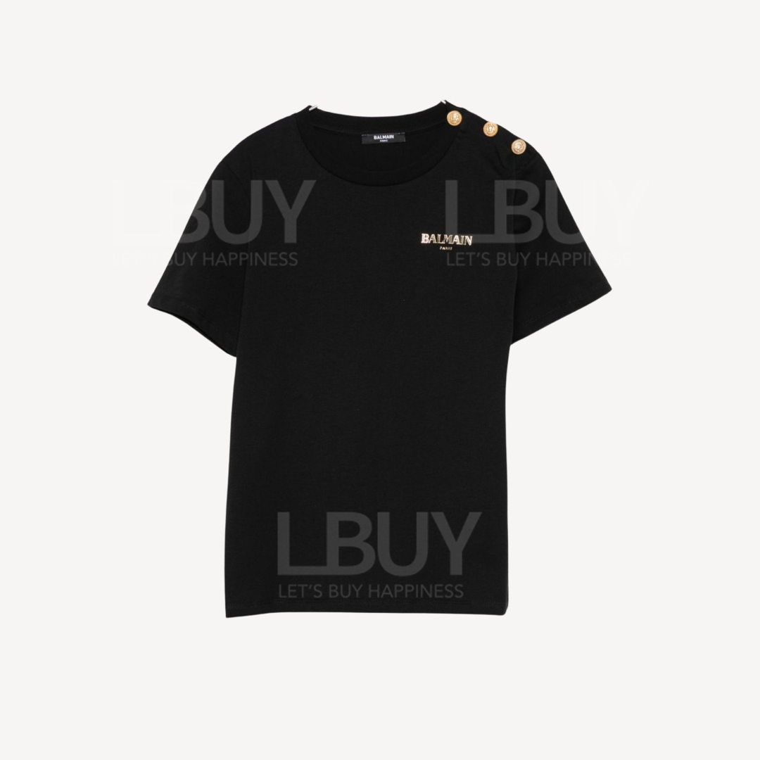 Balmain 金色Logo 金色鈕扣短袖T恤 黑色