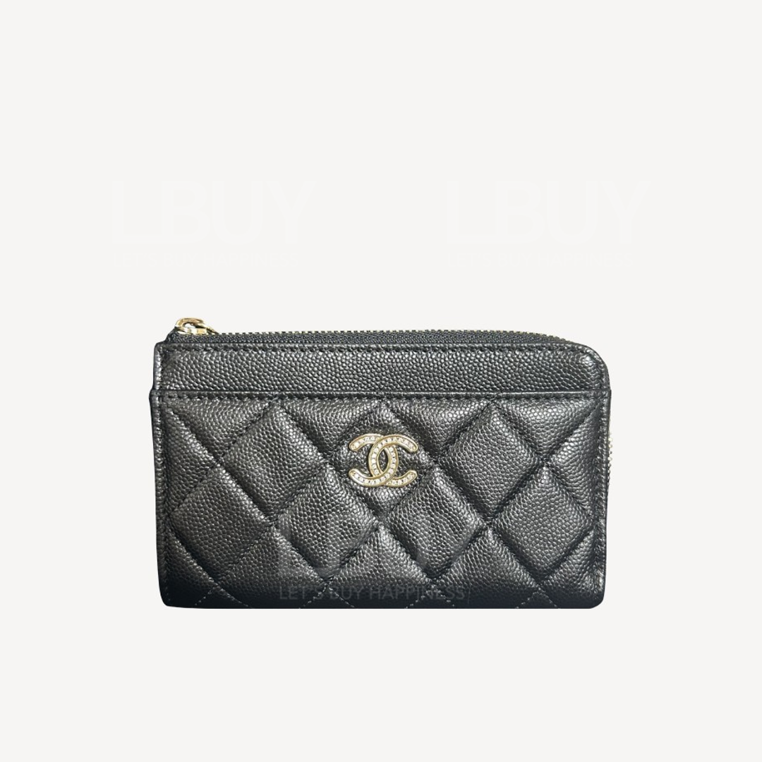 Chanel 银色水钻CC Logo 黑色卡片套AP4822