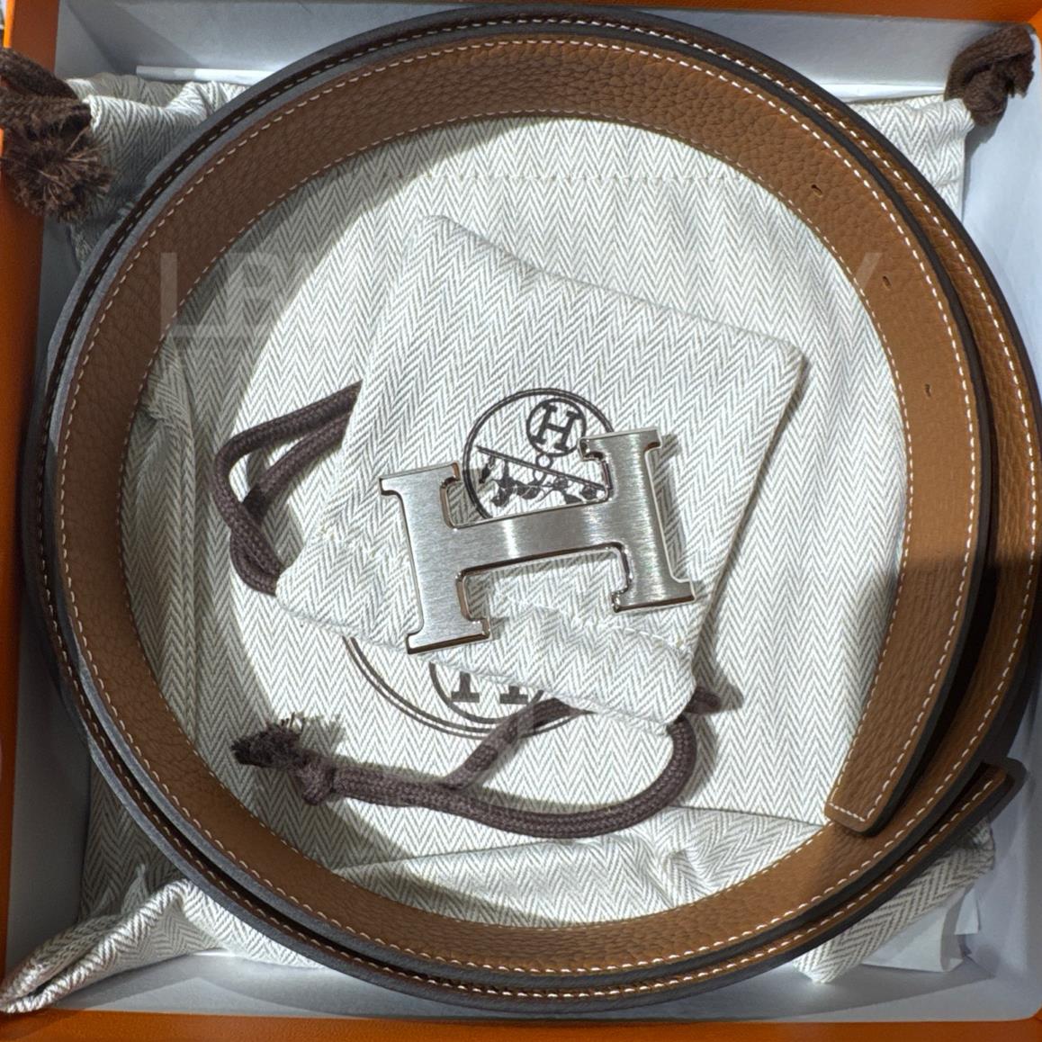 Hermes H銀色拉絲扣 32mm 雙面皮帶 黑色配金棕色 100cm