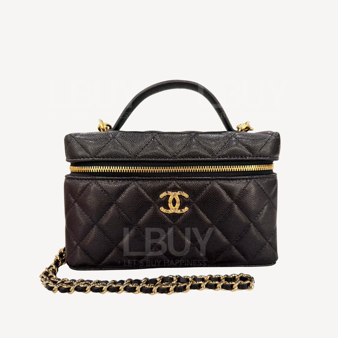 Chanel Vanity Case 金色CC Logo 粒紋小牛皮手挽長型化妝盒子 黑色 AP5020