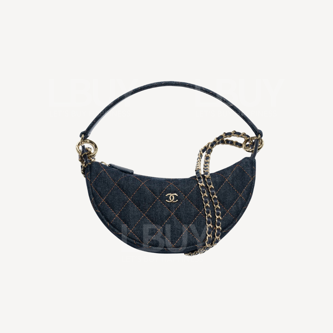 Chanel 牛仔布及金色金屬 深藍與橘 鏈帶包 AP5094