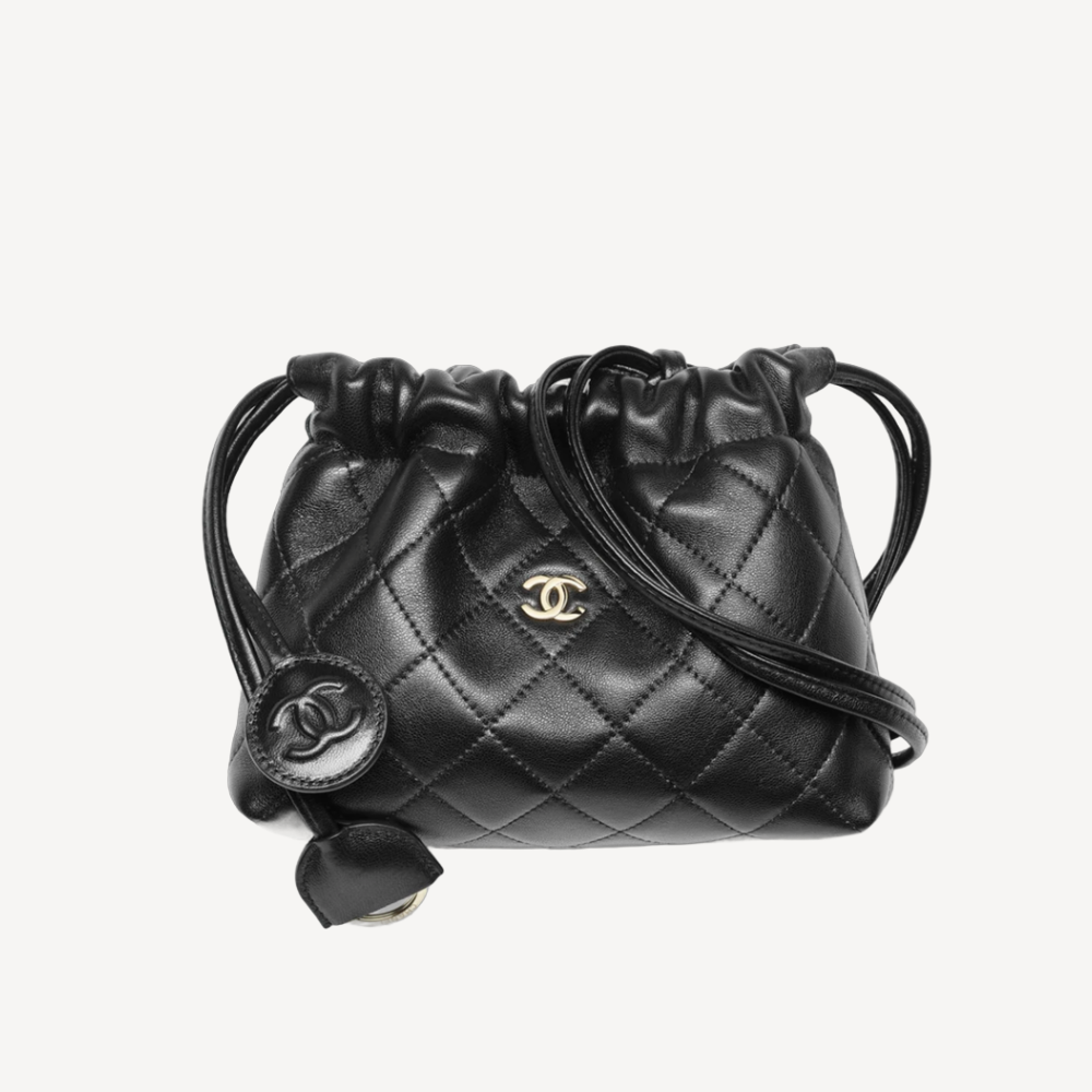 Chanel 金色CC Logo 黑色束口袋背帶包 斜孭袋 AP5228