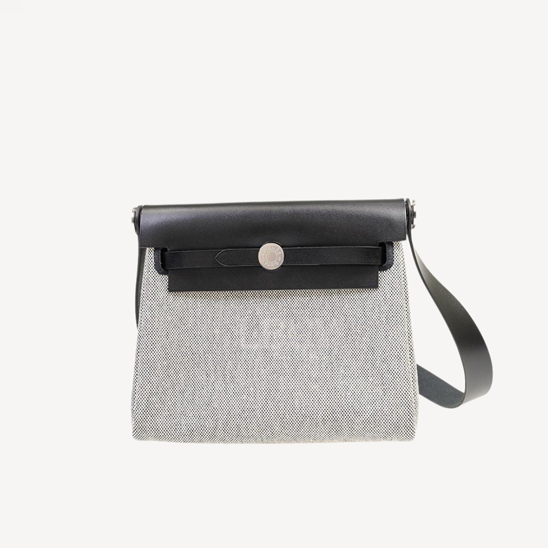 Hermes Herbag Zip 20 Mini Black Leather Grey Canvas Checkered Silver Buckle