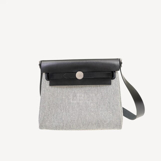 Hermes Herbag Zip 20 Mini Black Leather Grey Canvas Checkered Silver Buckle