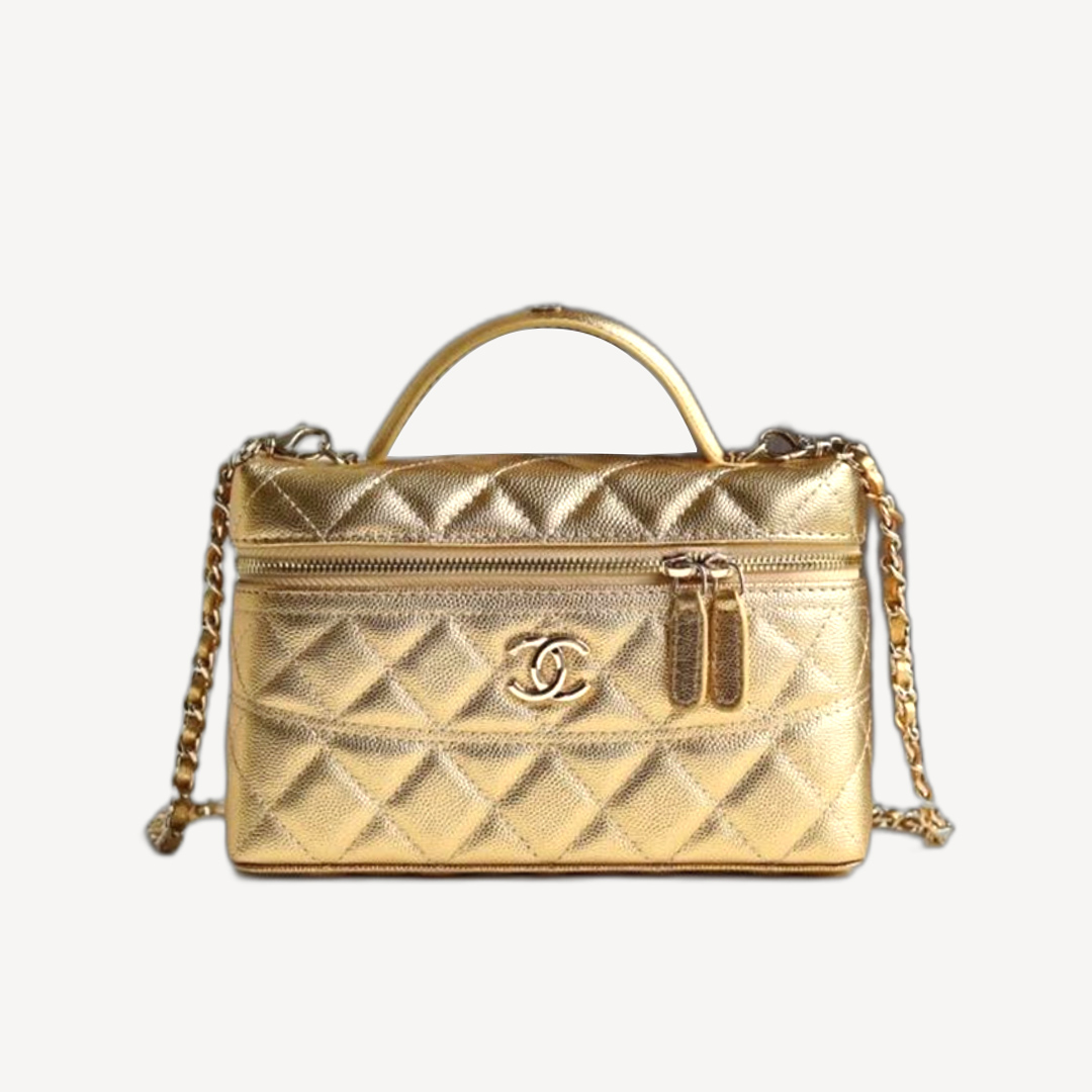 Chanel Handle CC Logo Vanity Case 粒紋小牛皮手挽長型化妝盒子 金色 AP4407