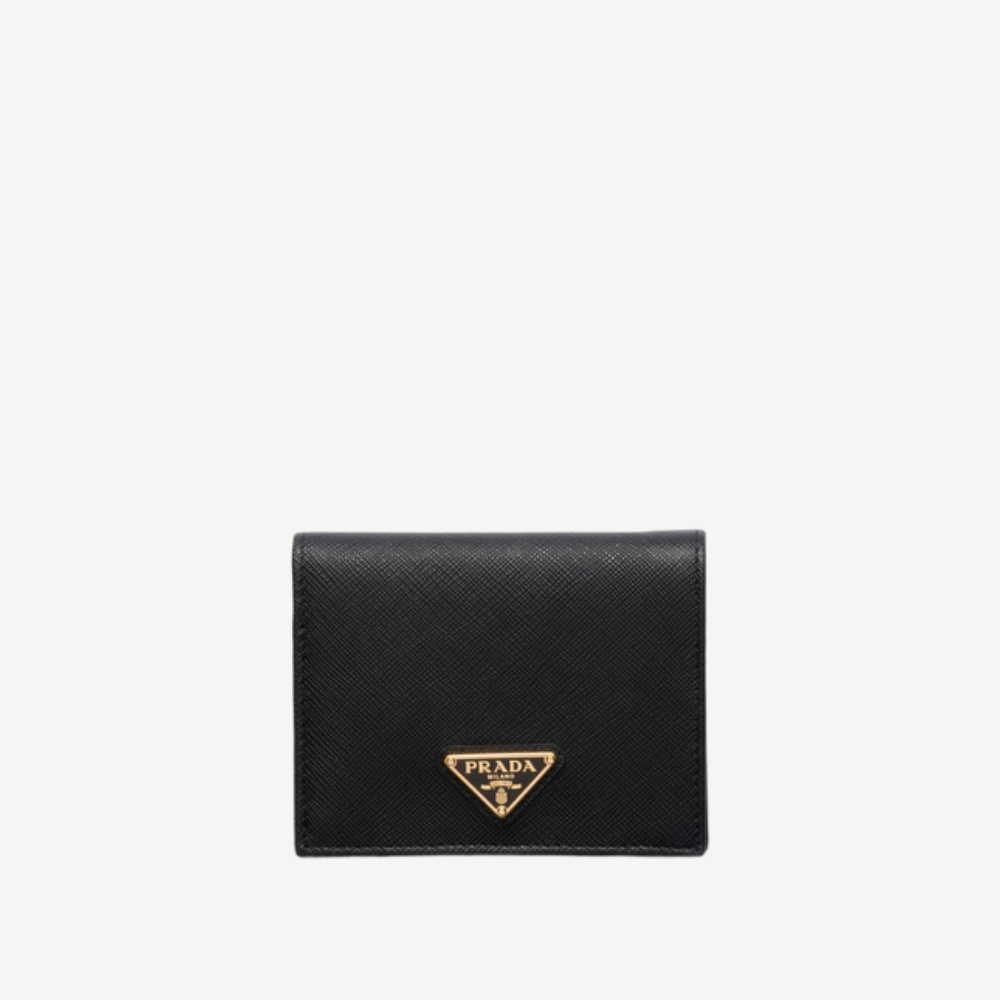 Prada Saffiano 皮革金色三角形標誌黑色銀包 1MV204